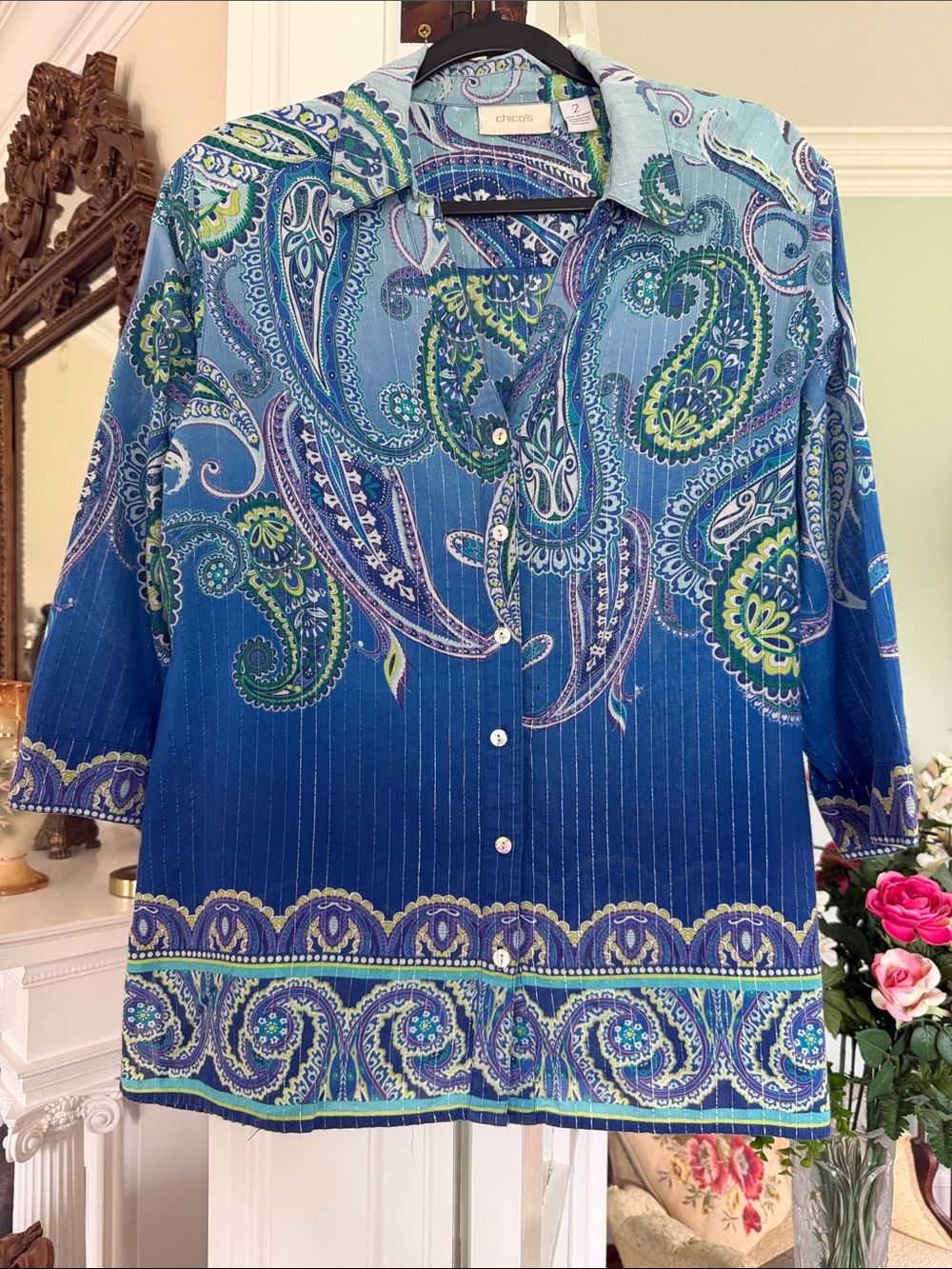 Chico's Blue & Green Paisley Button-Down Shirt, size 2